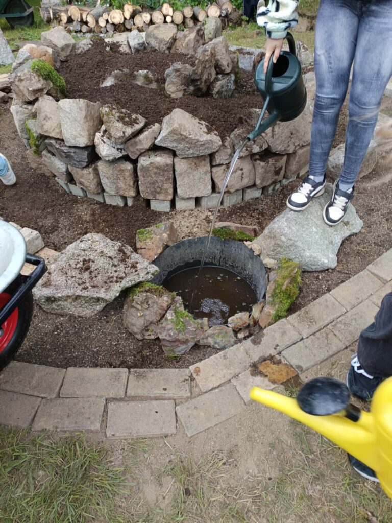Wassertrog in der Kräuterspirale